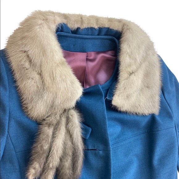 DEEP DENIM TEAL BLUE VINTAGE SIXTIES MODERN COAT with BEAUTIFUL GREY FOX COLLAR - Picture 4 of 4